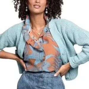 CAbi 6525 Blue and Brown Leaf Print Blouse, Sleeveless, Tropical Print, NEW, XL